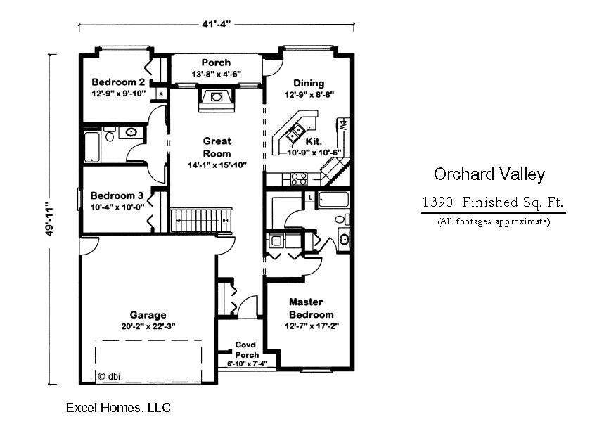 Orchard Valley 1390 Square Foot Ranch Floor Plan